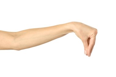 El pençe, el ele tutuşmak, kavramak ya da uzanmak. El kol hareketi yapan bir kadın beyaz üzerine izole edilmiş