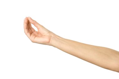 Vermek, uzanmak ya da el ele tutuşmak. El kol hareketi yapan bir kadın beyaz üzerine izole edilmiş