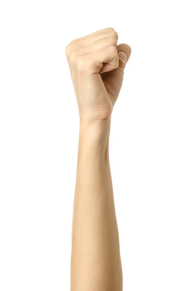 手紧握着拳头.在白色上被隔离的女人手部做手势 — 图库照片