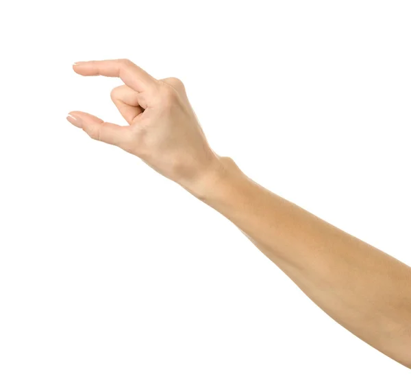Μέτρηση αόρατου αντικειμένου. Γυναίκα χειρονομίες που απομονώνονται σε λευκό — Φωτογραφία Αρχείου
