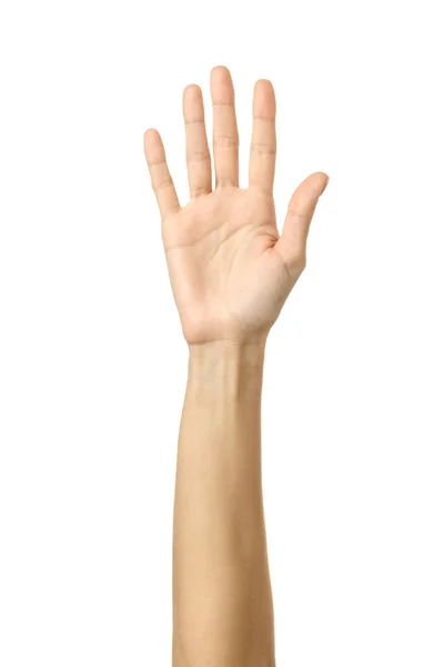 Steeds meer stemmen of bereiken van de hand. Vrouw hand gebaren geïsoleerd op wit — Stockfoto