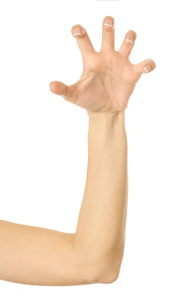 Puxar, agarrar, alcançar ou coçar. Mulher mão gestual isolado no branco — Fotografia de Stock