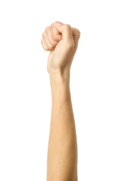 Mão apertada num punho. Mulher mão gestual isolado no branco — Fotografia de Stock