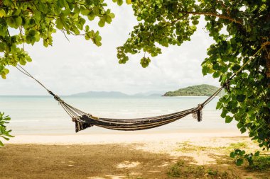 Güzel bir sahilde ağaçlı hamak.