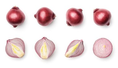 Beyaz arkaplanda izole edilmiş kırmızı soğan koleksiyonu