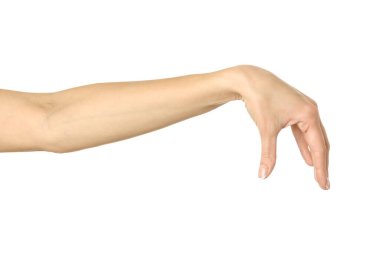 El pençe, el ele tutuşmak, kavramak ya da uzanmak. Beyaz arka planda izole edilmiş Fransız manikürlü kadın eli. Dizinin bir parçası