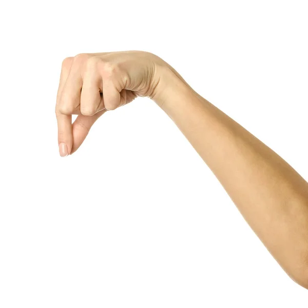 Handmatig Plukken Vasthouden Grijpen Reiken Vrouw Hand Met Franse Manicure — Stockfoto