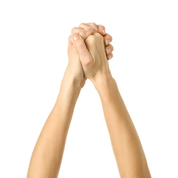 Gebonden Handen Vrouw Hand Met Franse Manicure Gebaar Geïsoleerd Witte — Stockfoto
