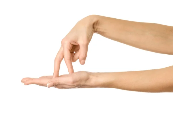 Idąc Otchłań Kobieta Ręka Francuskim Manicure Gestykulując Izolowane Białym Tle — Zdjęcie stockowe