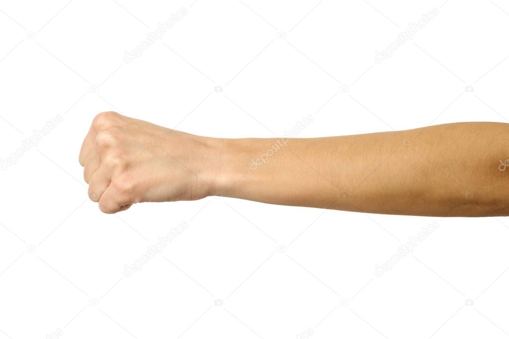 Hand clenched in a fist. Horizontal image. Woman hand with french manicure gesturing isolated on white background. Part of series