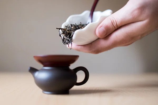 Brown teapot and tea box — Stock Photo, Image