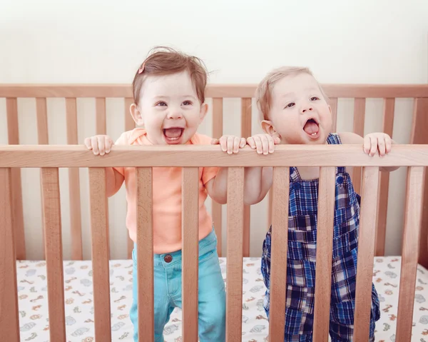 Portrait of two cute adorable funny babies siblings friends of nine months standing in bed crib smiling laughing, looking in camera away, lifestyle everyday sweet candid moment