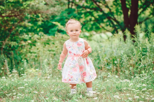 Bonito adorável branco caucasiano bebê menina criança no branco vestido de pé no verde verão parque floresta fora, olhando na câmera, estilo de vida feliz infância conceito — Fotografia de Stock