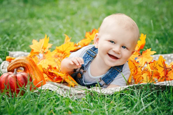 Portret van leuke grappige schattige blonde Kaukasische babyjongen met blauwe ogen in t-shirt en spijkerbroek romper liggen op gras veld weide, gele herfst herfstbladeren pompoenen. Halloween, Thanksgiving. — Stockfoto