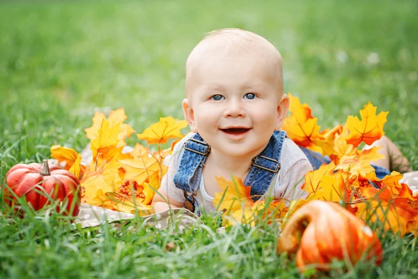 Portrait of cute funny adorable blond Caucasian baby boy with blue eyes in tshirt and jeans romper lying on grass field meadow, yellow autumn fall leaves pumpkins. Halloween, Thanksgiving. — Stock Photo, Image