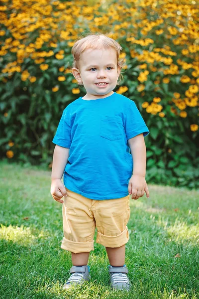 Retrato de bonito adorável rindo sorrindo branco caucasiano bebê menino criança de pé entre flores amarelas fora no jardim parque olhando para longe, estilo de vida conceito de infância feliz — Fotografia de Stock