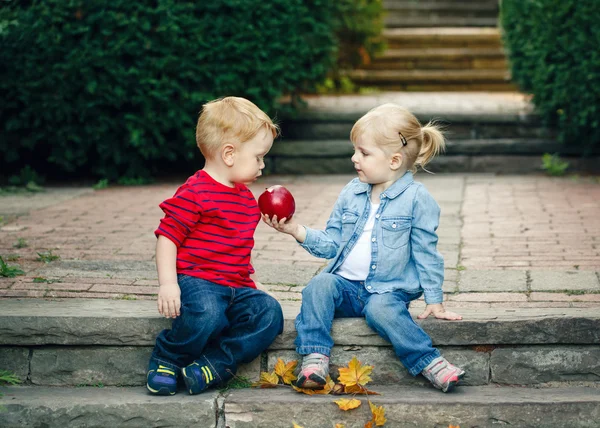 Gruppenporträt von zwei weißen kaukasischen niedlich entzückend lustige Kinder Kleinkinder sitzen zusammen und teilen Apfelessen, Liebe Freundschaft Kindheitskonzept, beste Freunde für immer — Stockfoto