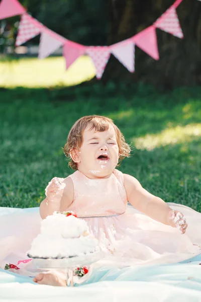 Retrato de bonito engraçado chateado triste choro caucasiano bebê menina no vestido de tutu rosa comemorando seu primeiro aniversário com bolo gourmet fora no parque, quebra de bolo — Fotografia de Stock