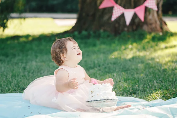 Retrato de bonito adorável menina branca com olhos castanhos escuros em vestido de tutu rosa comemorando seu primeiro aniversário com bolo gourmet olhando para fora no parque, quebra de bolo — Fotografia de Stock