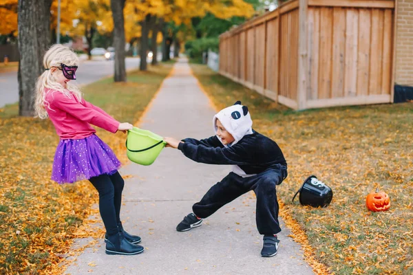 Niños Enojados Peleando Por Canasta Truco Divertido Trato Las Vacaciones —  Fotos de Stock