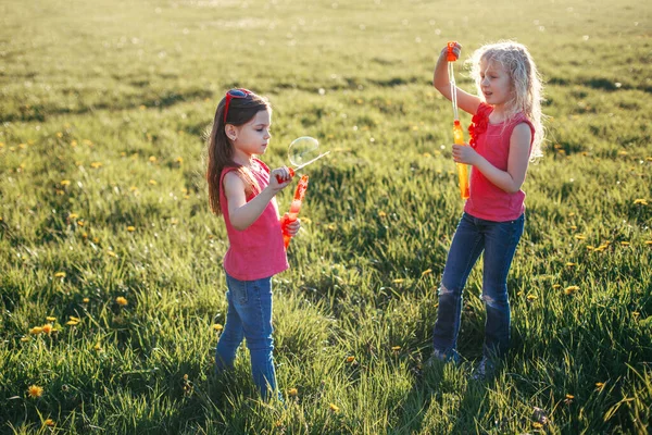 Chicas Caucásicas Felices Soplando Burbujas Jabón Parque Día Verano Niños — Foto de Stock