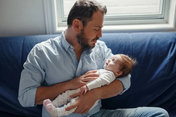 Tired Caucasian Father Calming Newborn Baby Girl Parent Holding Child — Stock Photo, Image