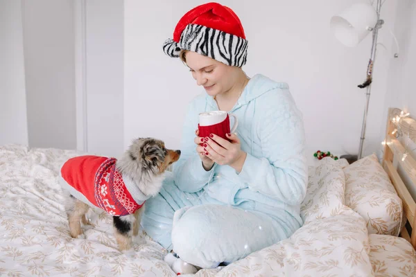 Mujer Joven Santa Sombrero Jugando Con Lindo Cachorro Mascota Perro — Foto de Stock