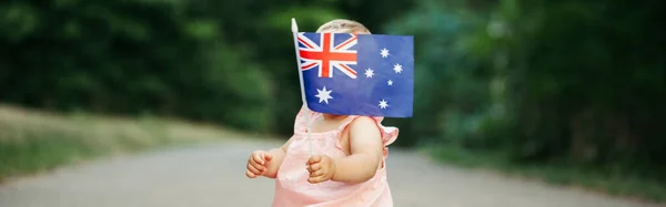 Baby Girl Waving Australian Flag Child Sitting Street Road Park — Stock Photo, Image