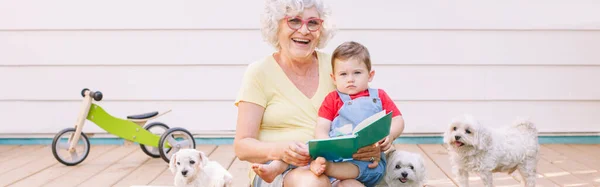 Nenek Membaca Buku Untuk Cucu Laki Laki Halaman Belakang Rumah — Stok Foto