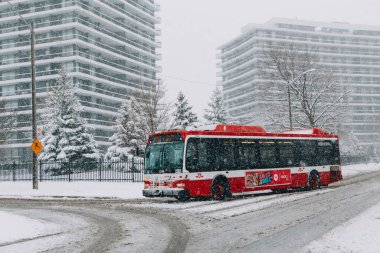 Toronto, Ontario, Kanada - 22 Kasım 2020: Toronto toplu taşımacılık TTC kırmızı otobüs yoğun kar fırtınası sırasında şehir caddesinde kar yağışı. Kar fırtınası ve kötü hava koşulları. 