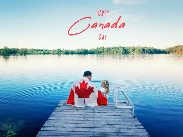 Grattis Kanadadadadadadagen Semesterkort Med Text Far Och Dotter Insvept Stora — Stockfoto
