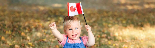 Adorable Cute Little Caucasian Baby Toddler Girl Waving Canadian Flag — Stock Photo, Image