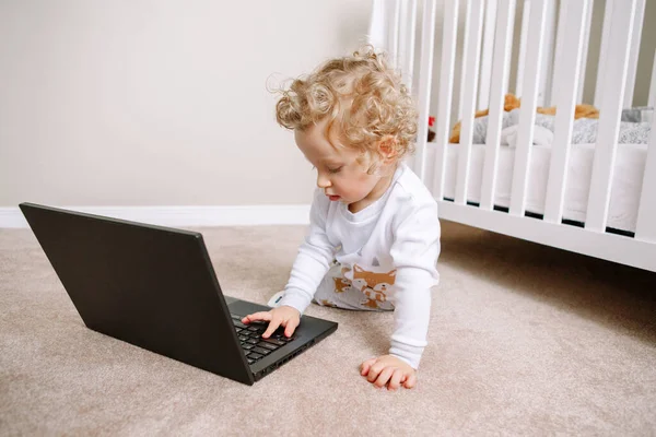 Cute Blonde Curly Toddler Baby Boy Working Laptop Little Kid — Stock Photo, Image
