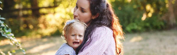 Mother Hugging Pacifying Sad Upset Crying Toddler Girl Family Young Stock Photo
