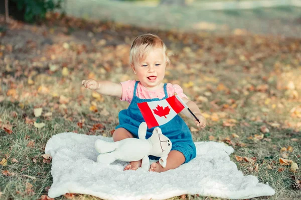 Очаровательная Маленькая Белая Малышка Размахивающая Канадским Флагом Парке Улице Ребенок — стоковое фото