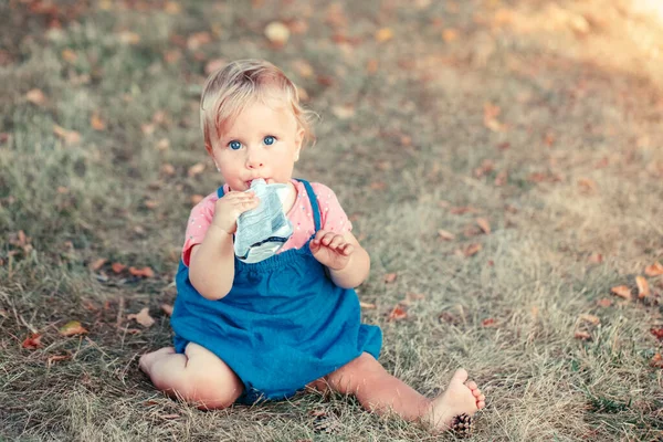 Bambino Che Mangia Cibo Bambini Purea Frutta Biologica Dalla Borsa — Foto Stock