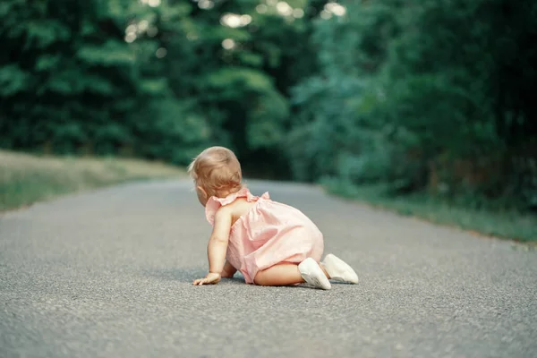 Söt Liten Flicka Kryper Vägen Parken Utomhus Ett Bedårande Barn — Stockfoto