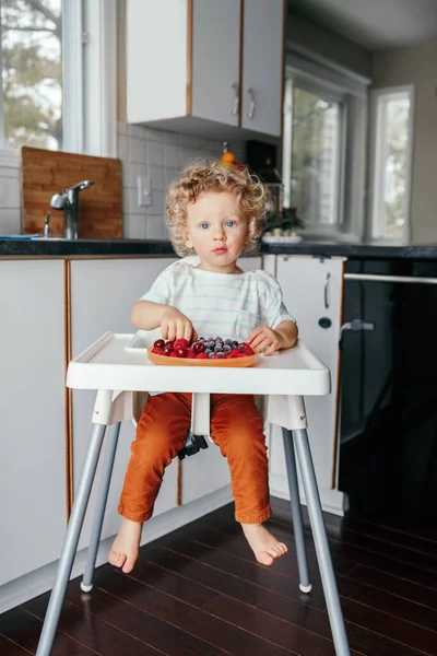 Alimentos Orgânicos Saudáveis Para Bebés Menino Branco Comendo Frutas Vermelhas — Fotografia de Stock