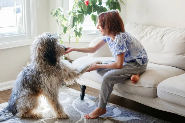 Gelukkig Glimlachend Blank Meisje Met Schattige Grote Puppy Huisdier Thuis — Stockfoto