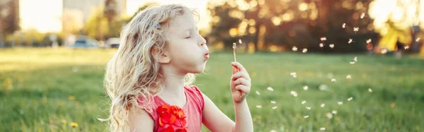 Gadis Kulit Putih Yang Menggemaskan Meniup Dandelion Anak Duduk Rumput — Stok Foto