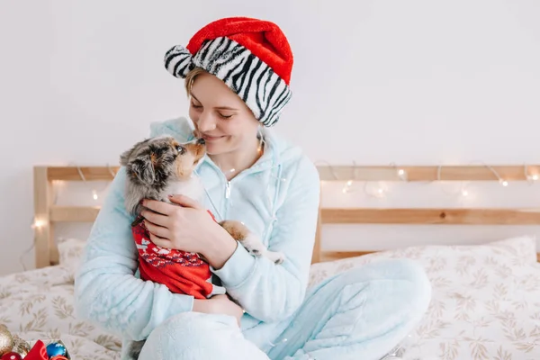 Huisdier Eigenaar Vieren Kerstmis Nieuwjaar Vakantie Alleen Jonge Vrouw Santa — Stockfoto