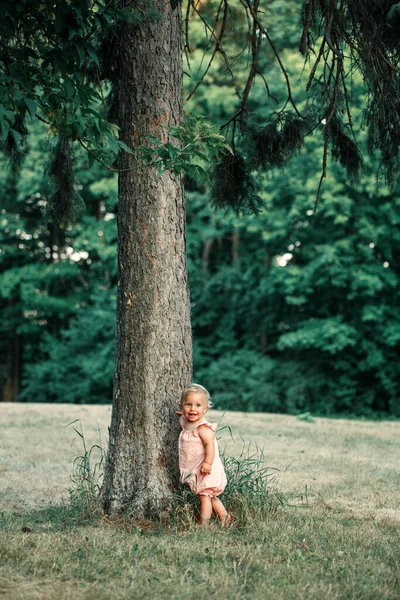 Bonito Sorrindo Menina Feliz Vestido Rosa Junto Árvore Alta Explorando — Fotografia de Stock