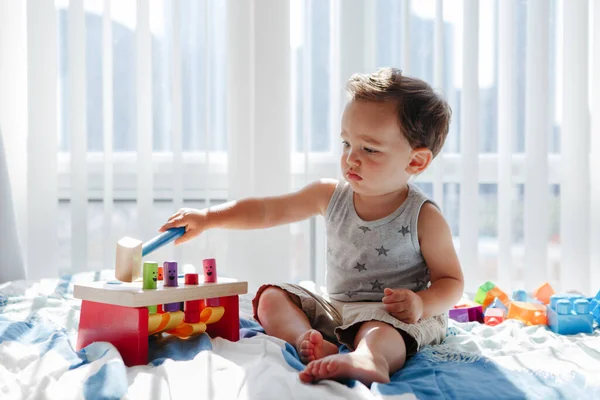 Niedliche Baby Kleinkind Spielt Mit Lernen Bunten Spielzeug Hämmernden Bank — Stockfoto