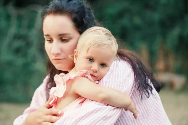 Mother Hugging Pacifying Sad Upset Toddler Girl Family Young Mom — Stock Photo, Image