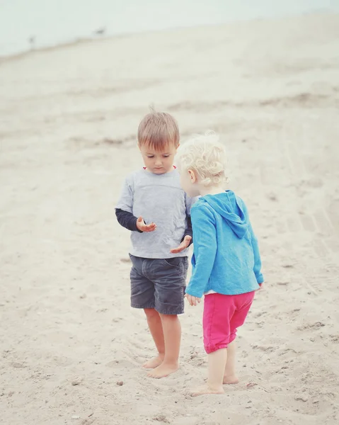 Anak-anak di pantai bermain kerang laut Stok Gambar Bebas Royalti