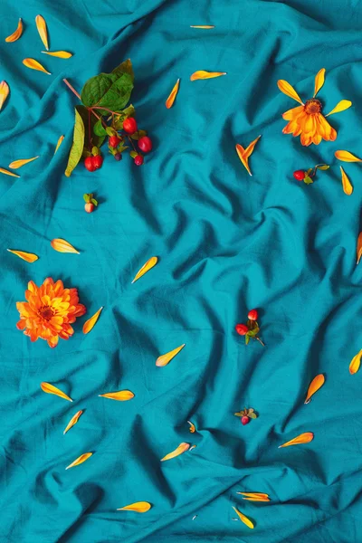 Flores de colores sobre sábanas azules —  Fotos de Stock