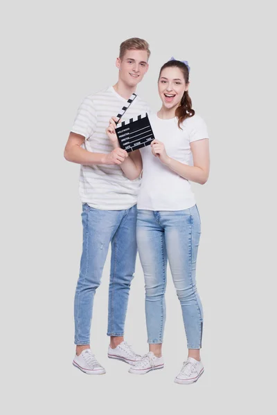 Couple Holding Clapperboard Isolated Couple Movie Concept Film — Stock Photo, Image