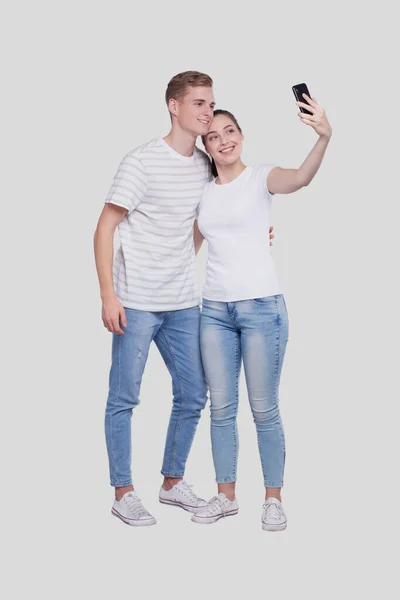 Couple Prenant Selfie Isolé Couple Amateurs Famille Amis Concept Homme — Photo