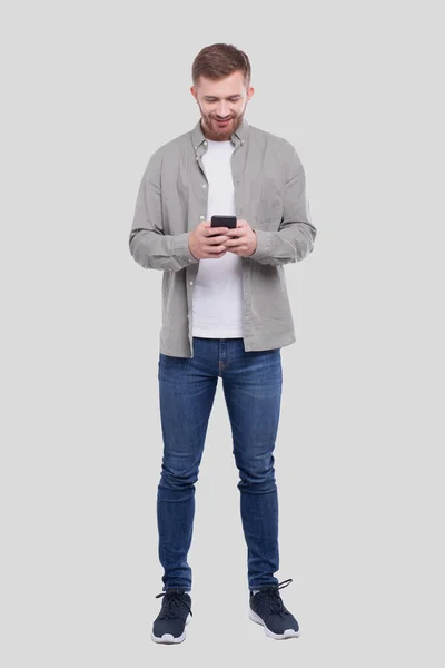 Man Standing Using Phone Isolated Man Full Lenght Tech — Stock Photo, Image