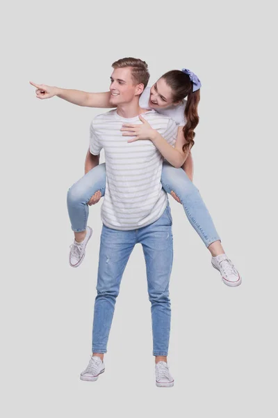 Ragazza Riding Man Back Uomo Che Tiene Ragazza Paio Isolati — Foto Stock